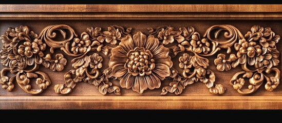 Ornate carved wood panel with floral and grapevine motifs showcasing detailed craftsmanship and rich textures on a dark background Copy Space