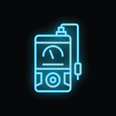Blue neon sign is glowing, depicting a multimeter with a positive lead attached, indicating an electrical measurement