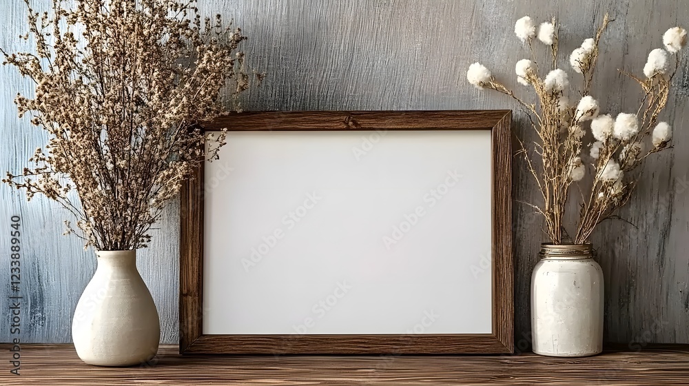 Poster minimalist rustic home decor scene with a wooden photo frame and dried flowers in a vase displayed o