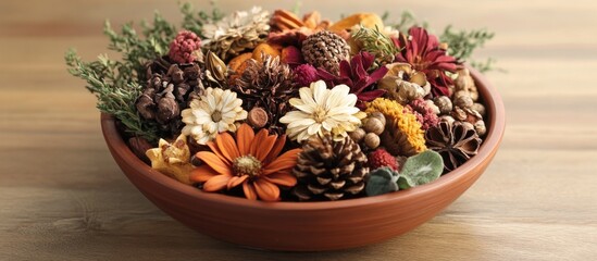 Colorful arrangement of dried flowers and pine cones in a rustic bowl on wooden table with natural lighting Copy Space