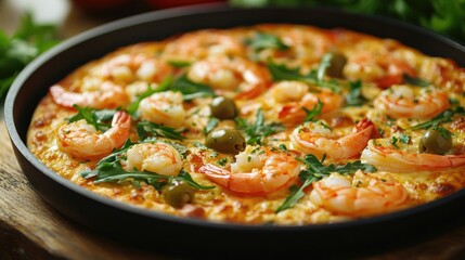 Gourmet seafood pizza topped with shrimp, prawns, salmon, arugula, and olives served in a frying pan on a rustic wooden table