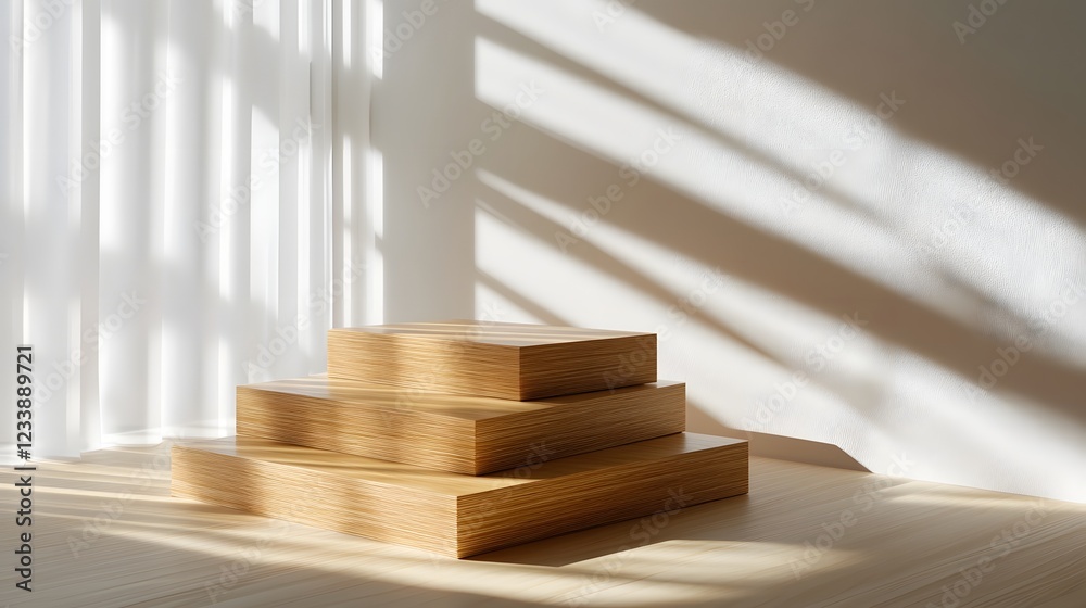 Poster Minimalist stacked wooden blocks in various shapes and sizes creating a geometric arrangement with natural lighting shining through the window creating shadows and a serene