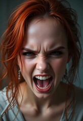 a young pretty woman screaming, red hair, furious, mad, angry, anger, yell, yelling, rebellious, edgy, punk, rock, music, grunge, streetwear, urban, bold, stylish, trendy, fashion, youthful, energetic