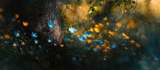 Obraz premium Colorful wildflower meadow with blurred background and soft lighting creating a dreamy atmosphere Copy Space