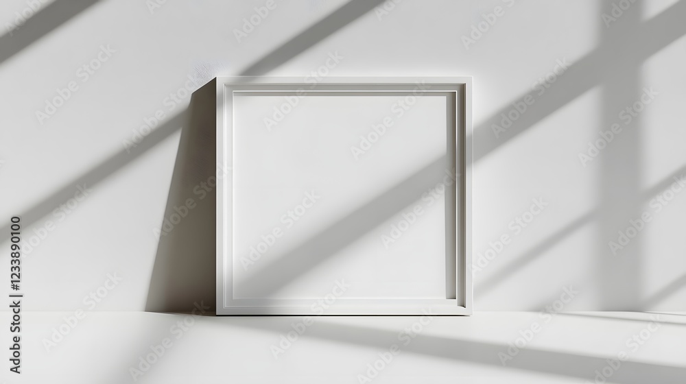 Aufkleber minimalist white picture frame creating geometric shadow patterns on plain wall in bright airy room