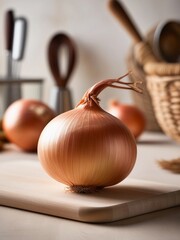 Golden-Brown Onion with Natural Texture on Wooden Board – Warm, Softly Blurred Kitchen Background
