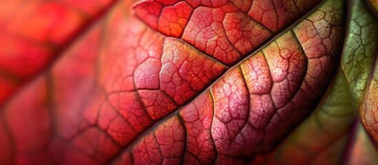 Obraz premium Close-up of vibrant red and green textured leaves with intricate vein patterns and natural details Copy Space