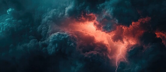 Dramatic Storm Clouds with Lightning Illuminating Dark Sky Colorful and Intense Weather Phenomenon Copy Space