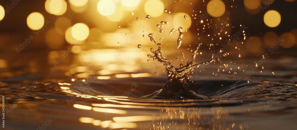 Wall mural close-up of water splash with golden bokeh background and reflections copy space