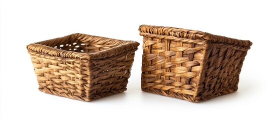 Natural woven storage baskets arranged on a white background with Copy Space for text placement