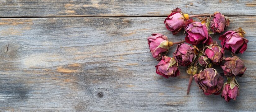 Dried pink roses on weathered wooden background with copy space for text or graphics