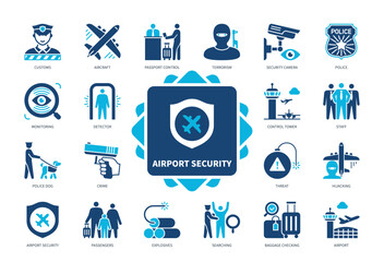 Airport Security icon set. Terrorism, Detector, Staff, Hijacking, Crime, Explosives, Monitoring, Customs. Duotone color solid icons