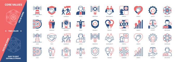 Core values icon set. Trust, Teamwork, Ethics, Innovations, Freedom, Friendship, Responsibility, Reputation. Duotone color solid and editable outline icons