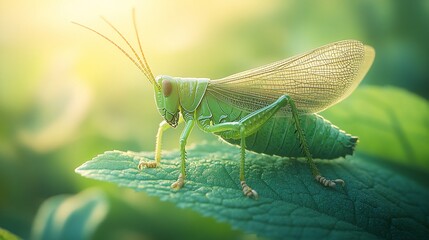 Close-up of a vibrant green grasshopper perched on a leaf in a sunlit garden setting