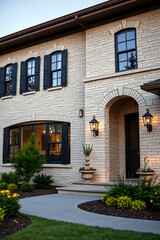 Elegant Brick House Exterior with Landscaping and Walkway.Luxury Home Design and Architecture. Real Estate Photography