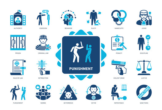 Punishment icon set. Coercion, Retribution, Guilty, Repentance, Norms, Penalty, Victim, Judge. Duotone color solid icons