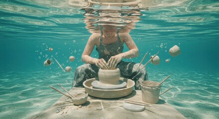 Underwater Pottery Artist Creating Ceramic Art in a Surreal Aquatic Environment, Unique Craftsmanship Scene