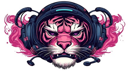 Vibrant digital illustration of a fierce tiger wearing a gaming headset, surrounded by dynamic colors, ideal for gaming themes