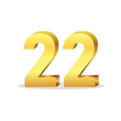 3d gold number 22 isolated vector design on white background