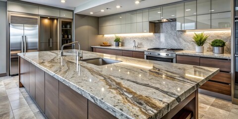 Sleek granite countertop with a subtle inlay of marble creates a sophisticated look in a modern kitchen, modern kitchen, contemporary style