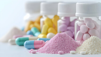 Colorful pills and powder medicine