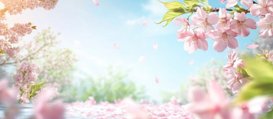 Fototapeta premium Cherry blossom flowers in full bloom with blue sky background and falling petals natural landscape with copy space