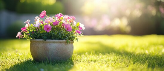 Flower pot with colorful blooming flowers on green grass in sunny garden setting with soft natural lighting and copy space