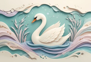 Obraz premium Elegant swan in paper cut art style.