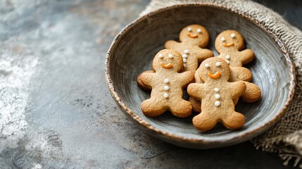 Naklejka premium Gingerbread cookies shaped like gingerbread men arranged in a rustic bowl on a textured surface with copy space