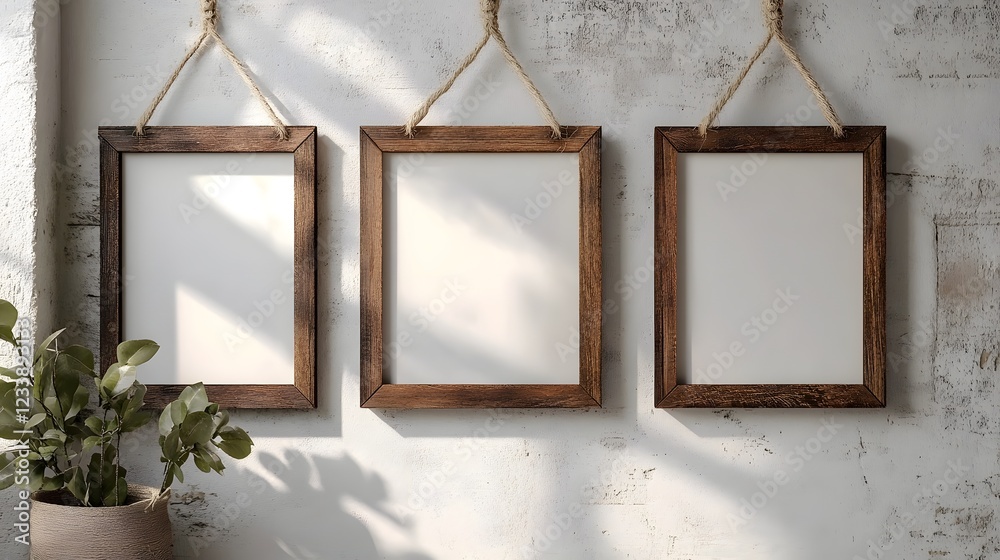 Poster rustic farmhouse style wall decor featuring a set of three wooden frames hung on a textured concrete