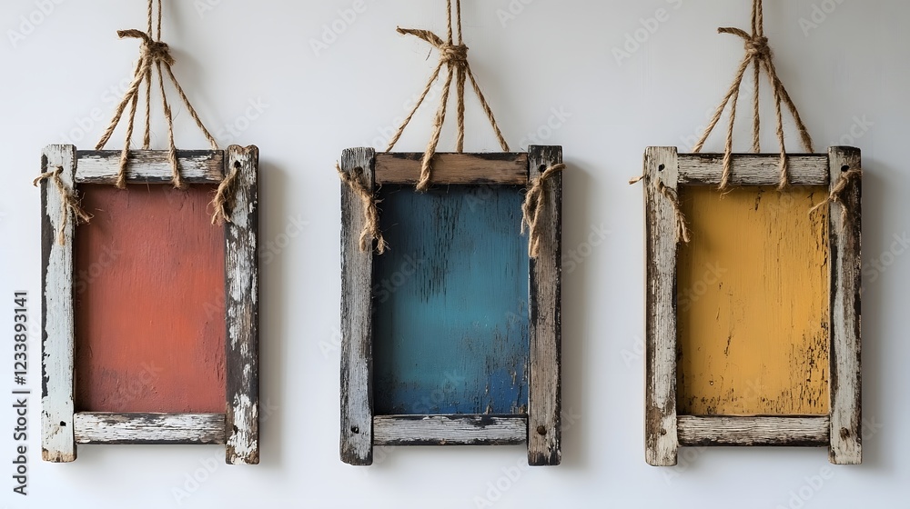 Poster Rustic distressed wooden frames in a variety of vibrant color tones perfect for creating unique wall decor and creative displays  These handmade frames showcase a mix of styles
