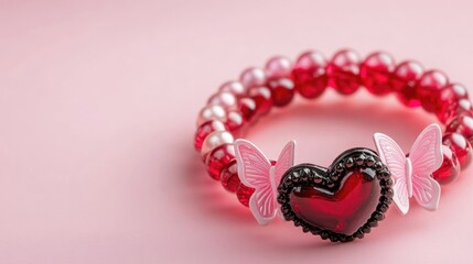 Obraz premium Colorful beaded bracelet with heart and butterfly charm on pink background with copy space for text