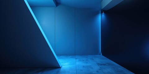 A luminous blue light bathes the left side of a deep, dark blue wall, casting gentle shadows to the right, creating an ethereal atmosphere