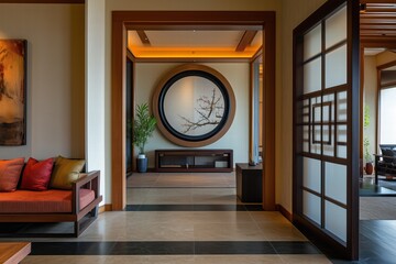 A modern Asian Zen interior design style view showcasing a spacious hallway with a circular artwork featuring a tree. The design includes wooden accents, a cozy sofa with colorful cushions.