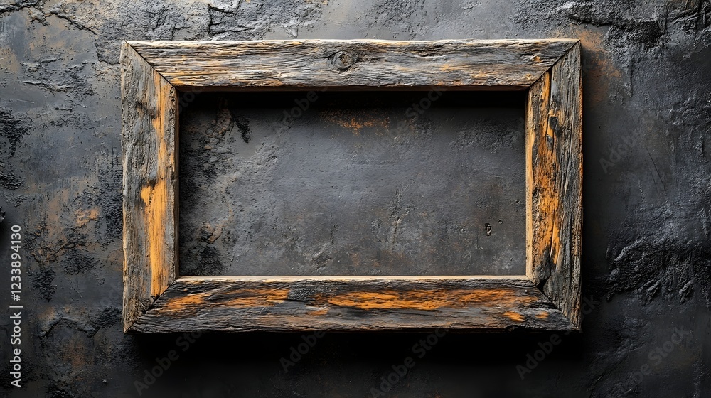 Aufkleber rustic weathered wooden frame with distressed grungy edges hanging on a dark moody aged stone wall b