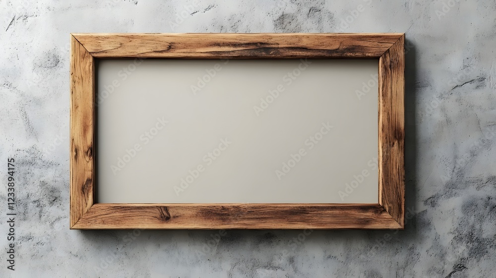 Aufkleber rustic weathered wooden photo frame hanging on a modern minimalist gray marble wall backdrop empty s