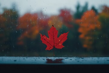 A vibrant red maple leaf pressed against a rain-speckled window, with blurry autumn trees in the background.