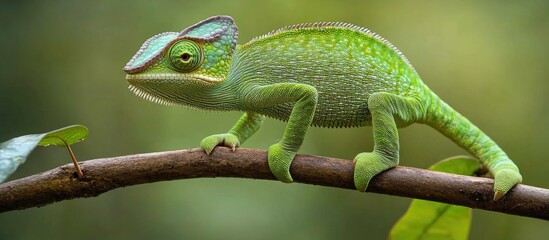 Fototapeta premium Close-up of green chameleon on tree branch in natural habitat with blurred background
