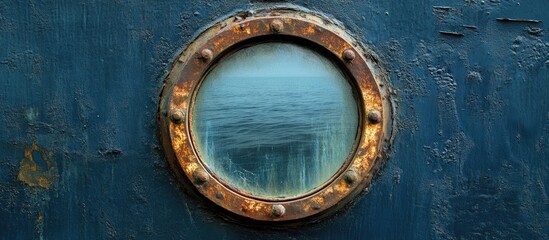 Rusty porthole on a weathered blue ship surface with ocean view visible through the glass Copy Space