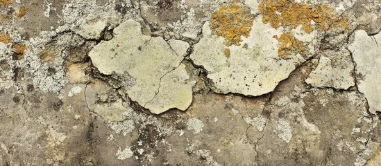 Textured wall surface with peeling paint and lichen in natural colors Copy Space