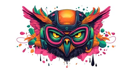 Vibrant digital illustration of an owl wearing futuristic goggles surrounded by colorful splashes