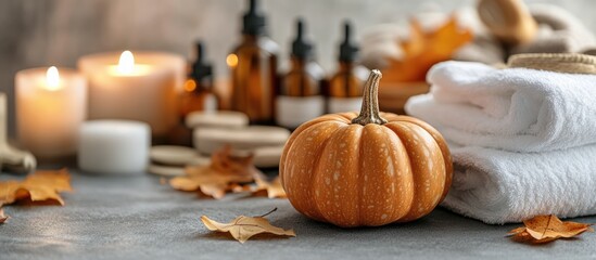 Pumpkin and Spa Elements with Fall Leaves and Candlelit Ambiance on Gray Surface