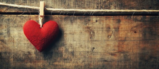 Red heart decoration hanging on a rustic wooden background with copy space for text