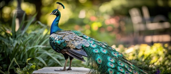 Naklejka premium Vibrant peacock displaying its feathers in a lush garden setting with blurred background and ample Copy Space for text