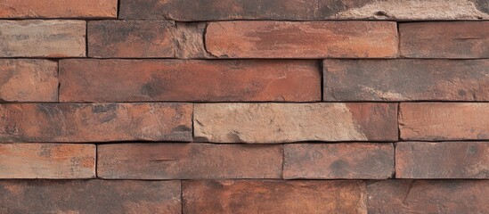 Textured wall made of rustic red-brown bricks arranged in a horizontal pattern with visible weathering and imperfections Copy Space