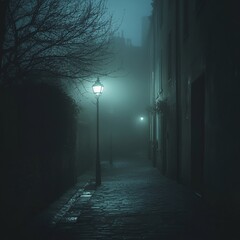 Foggy Night Alleyway Illuminated by a Single Lamppost