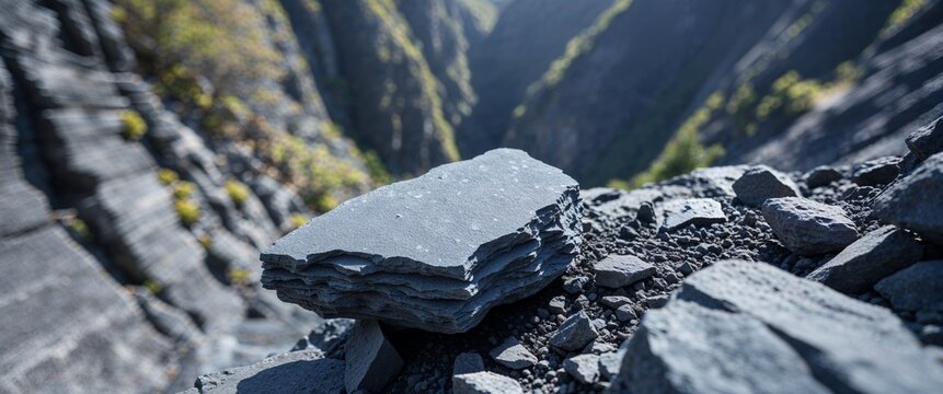 Slate gray argillite stone in deep ravine with close up background