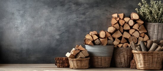 Firewood stacked in wicker baskets against dark chalkboard background with copy space