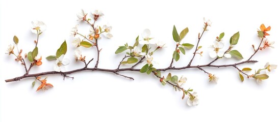 Flowering branch with blossoms and leaves on white background with ample copy space for text insertion