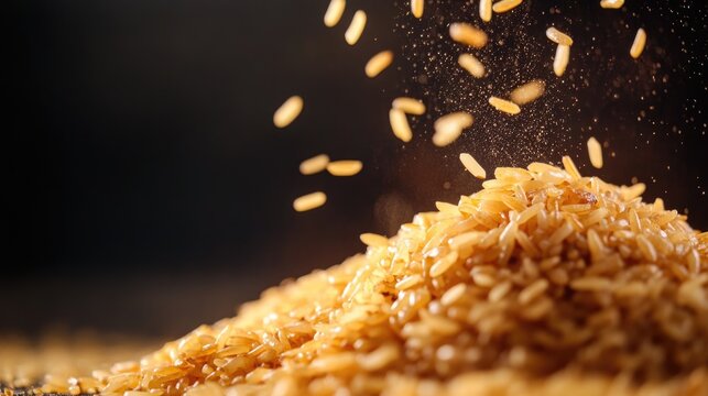 Brown rice grains falling over a mound of brown rice with dark background and copy space for text placement.